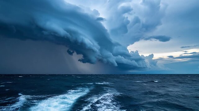 Powerful ocean storm with lightning and dark clouds over rough sea dramatic nature weather scene