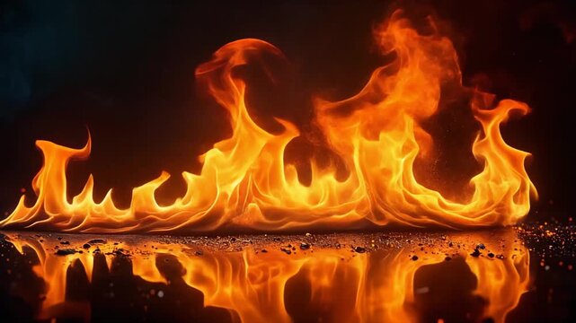Bright orange flames burning across dark surface dramatic fire energy background