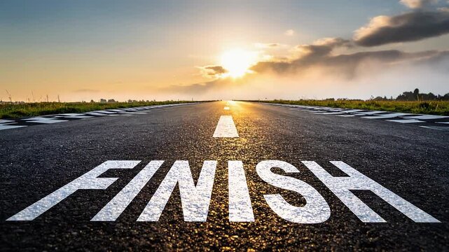 Finish line marking painted on asphalt road illuminated by sunrise representing victory and final goal