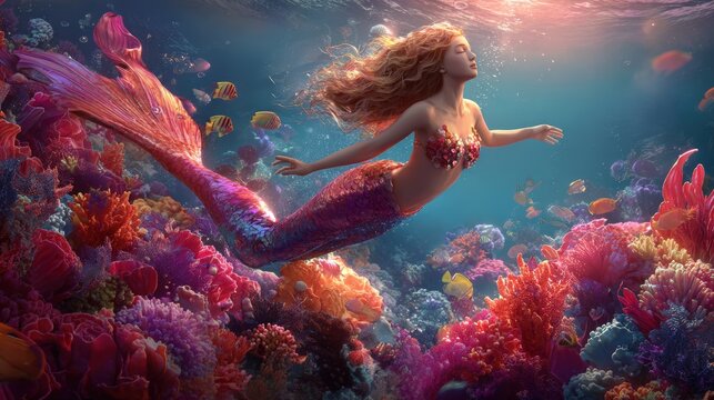Fantasy, mysterious, wallpaper. A vivid underwater scene depicts a mermaid gracefully floating amidst a vibrant coral reef. The mermaid has long, flowing red hair and wears a shimmering.