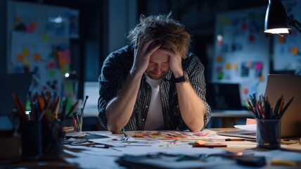 Fototapeta premium デスクで頭を抱える男性が作業に悩んでいる様子。クリエイティブな仕事やデザイン作業のストレス表現に最適なシーン