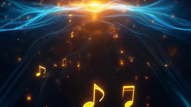 Golden glowing musical notes floating above light waves on dark abstract sound background