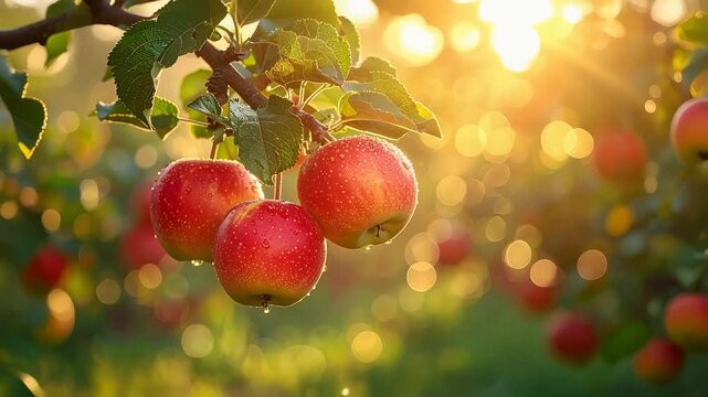 Red apples hanging on tree branch in sunny orchard natural fruit harvest scene