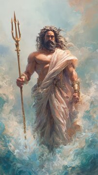 Greek mythology sea god Poseidon. Fantasy. A vivid portrayal of a muscular man with long, flowing hair and a beard, standing in a turbulent sea.