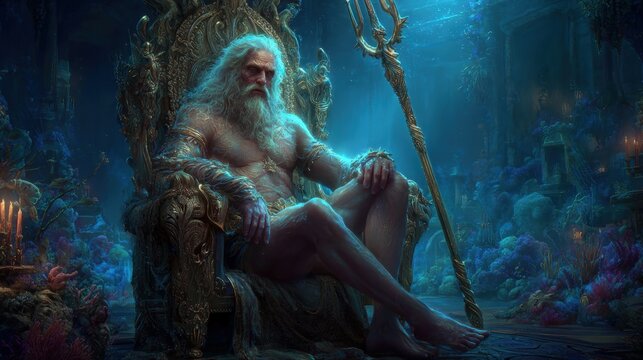 Greek mythology sea god Poseidon. Fantasy. A vivid portrayal of a mystical underwater scene features a grand, ornate thronelike structure with intricate carvings and a central figure seated on it.