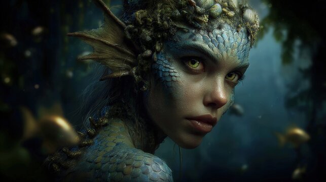 Fantasy, mysterious, wallpaper. A vivid portrayal of a fantastical creature, likely a mermaid or mythical creature, set against a serene underwater backdrop.