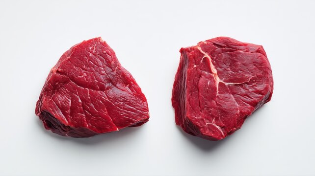 新鮮な赤身の牛肉の塊が白い背景に並んでいる。料理や食材紹介のシーンに適した素材