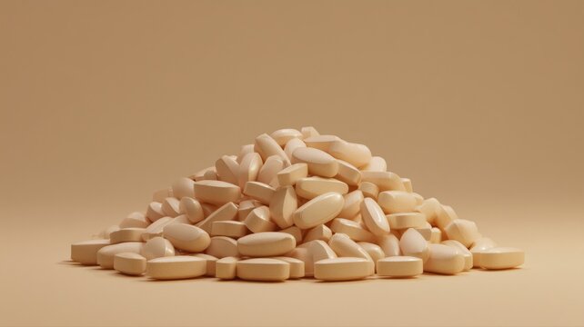 多数のベージュ色の錠剤が積み重なっている状態。医療や健康関連のイメージ素材に適した薬の集合体