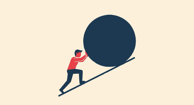 Man pushing large boulder up steep hill incline illustration