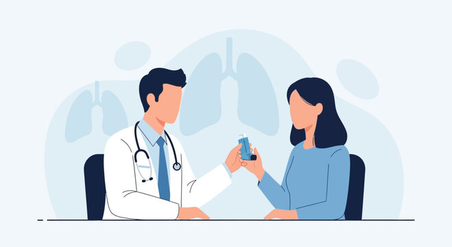 Doctor giving asthma inhaler to patient, medical consultation, respiratory health concept