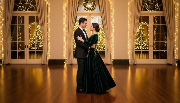 An elegant couple dancing slow in a grand ballroom decorated with warm holiday lights and wreaths for a romantic festive celebration concept