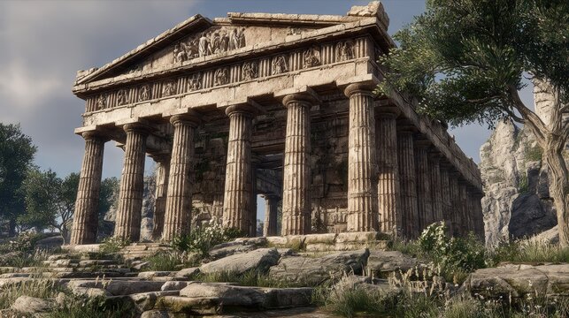 Lost civilization. Fantasy. A detailed, realistic depiction of an ancient temple or temple complex. The temple is a multitiered structure with intricate carvings on its faade.