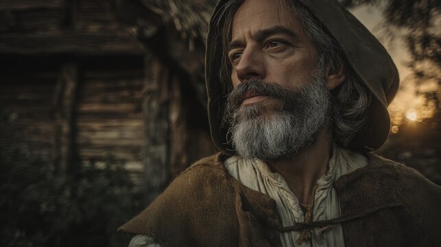 Europe medieval lifestyle. A closeup portrait of a man, captured in a moody, atmospheric style. He has a full, gray beard and mustache, and wears a brown hooded cloak over a white shirt.