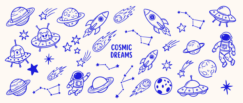 Cosmic Dreams: A whimsical doodle illustrations of the cosmos, filled with stars, planets, rockets, and playful extraterrestrial creatures.