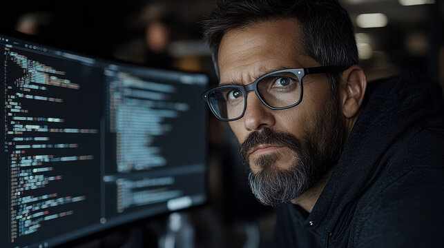 Focused man with beard and glasses working on computer code late at night