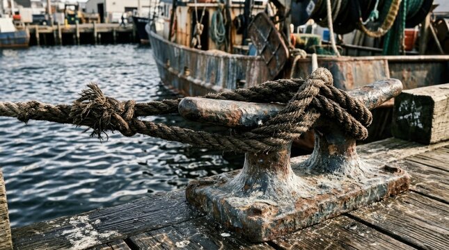 Close-up of a weathered dock cleat with rope and boat in background.