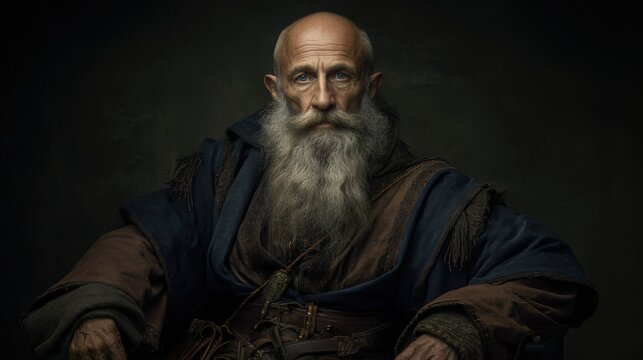 Europe medieval lifestyle. A portrait of an elderly man with a long, white beard and bald head, set against a dark, textured background.