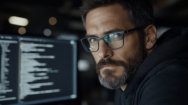 Focused man with glasses working on computer code in a dark room