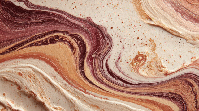 Close-up of intricate marbling patterns (ebru) in vibrant warm tones, soft beige background, minimal composition, subtle flowing texture