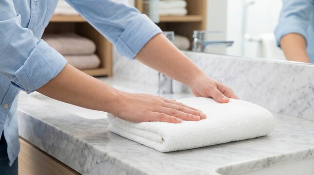 Person placing a neatly folded white towel on a marble bathroom counter