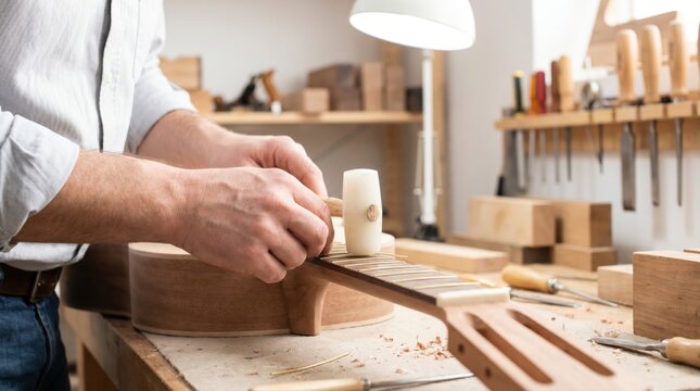 Luthier using a light mallet to install metal frets into a wooden guitar neck