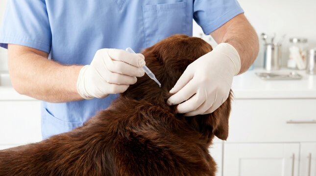 Veterinarian wearing white gloves applying flea and tick drops to the neck of a brown dog