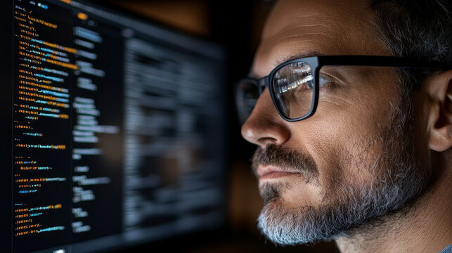 Focused man in glasses looking at computer screen with code at night