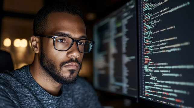 Focused programmer wearing glasses intently studying lines of code on a computer screen
