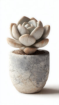 3D clay render of realistic lithops living stone succulent in cracked concrete pot, wabi sabi botanical style