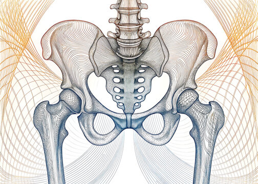 Anterior view anatomical illustration of the human pelvic girdle, showing the hip bones, sacrum, and coccyx in a clear diagram.