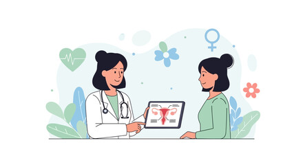 Fototapeta premium Doctor showing uterus diagram to patient, gynecology consultation, women's health concept
