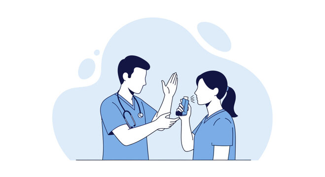 Doctor showing patient how to use inhaler for asthma treatment, medical illustration