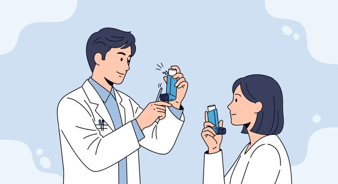 Doctor shows patient how to use asthma inhaler for respiratory health and breathing treatment