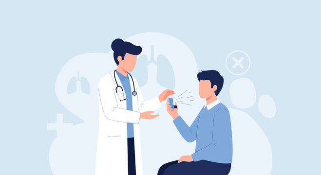 Doctor shows patient inhaler for asthma treatment, medical consultation, respiratory health