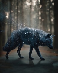 Fototapeta premium A mystical black fox covered in sparkling snowflakes walks gracefully in a dimly lit forest with glowing bokeh lights in the background.