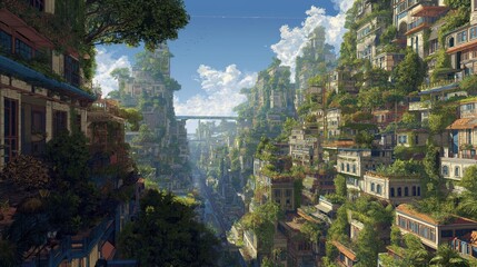 Fototapeta premium A futuristic cityscape densely integrated with lush greenery, featuring tall buildings covered in plants and a bright sky with clouds.