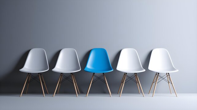 A distinct blue chair stands out in a row of white chairs against a minimalist grey wall, symbolizing individuality, leadership, and difference