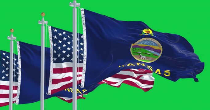 Kansas state flags and American flags waving in the wind isolated on green background. Seamless 3D render animation. Chroma key. Slow motion loop. Green screen. 4K. Selective focus