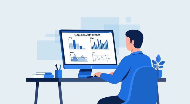 Man working on computer showing lung capacity report with charts and graphs