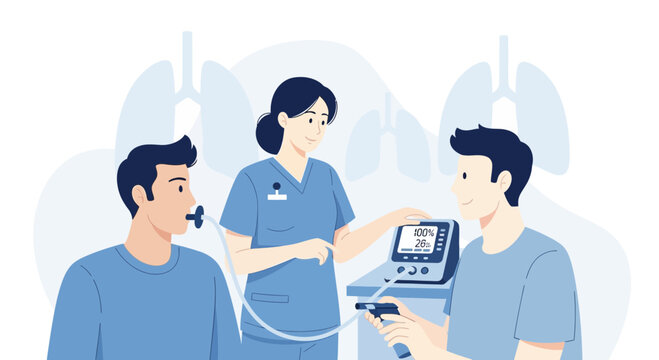 Medical professionals conduct lung function test with patient using spirometer for respiratory health check
