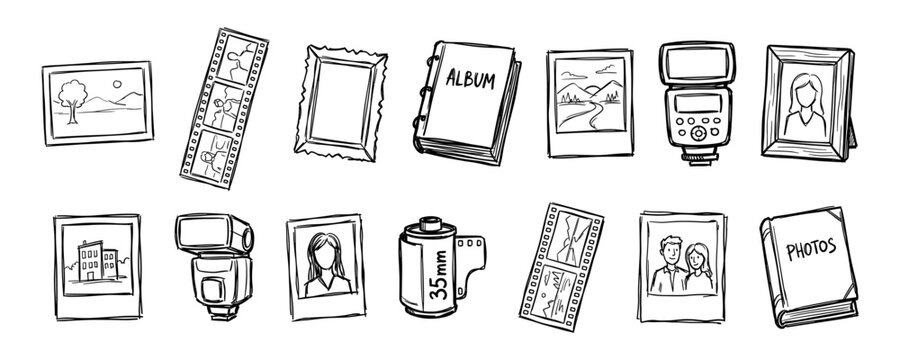 Photography memories photo album and film camera icons set vector illustration