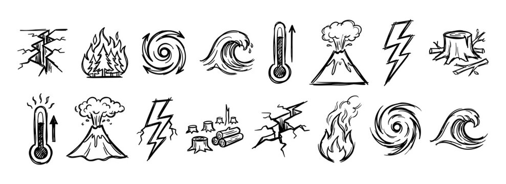 Natural disaster climate crisis and environmental hazard icons vector illustration