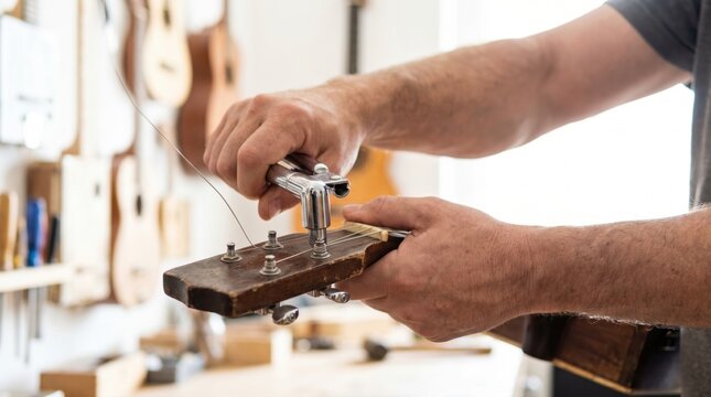 Luthier using a peg winder to tighten a metal string on the headstock of a wooden guitar