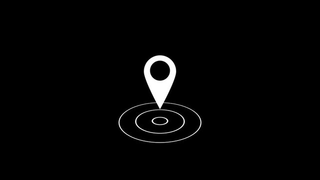 A white location icon animation with white radio wave animation on black background.Abstract location icon,radio wave,destination place tracker icon.