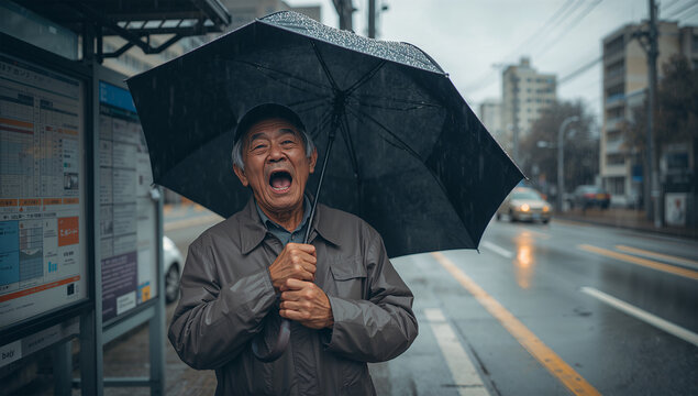雨のバス停で傘を持ちながら大あくびをする日本人高齢男性