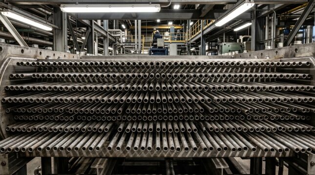 Industrial machinery with numerous metal tubes in a factory setting.