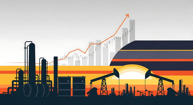 Oil industry silhouette with pumpjacks and refinery against a backdrop of rising stock market graphs and colorful abstract shapes, representing energy sector growth and economic trends