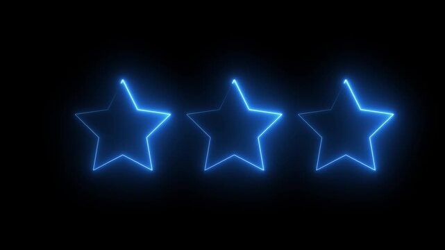 Five blue neon stars glowing on a black background five stars.stars.Customer rating five stars reviews .4k video