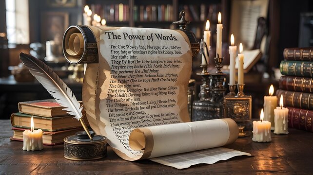 Ancient scroll the power of words on dark desk with quill, inkwell, burning candles, old books, symbolizing wisdom and magic