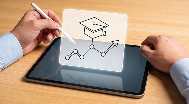 Corporate training software scene with tablet, stylus and connected learning to growth interface, ideal for employee upskilling, onboarding, workforce enablement and L&D marketing
